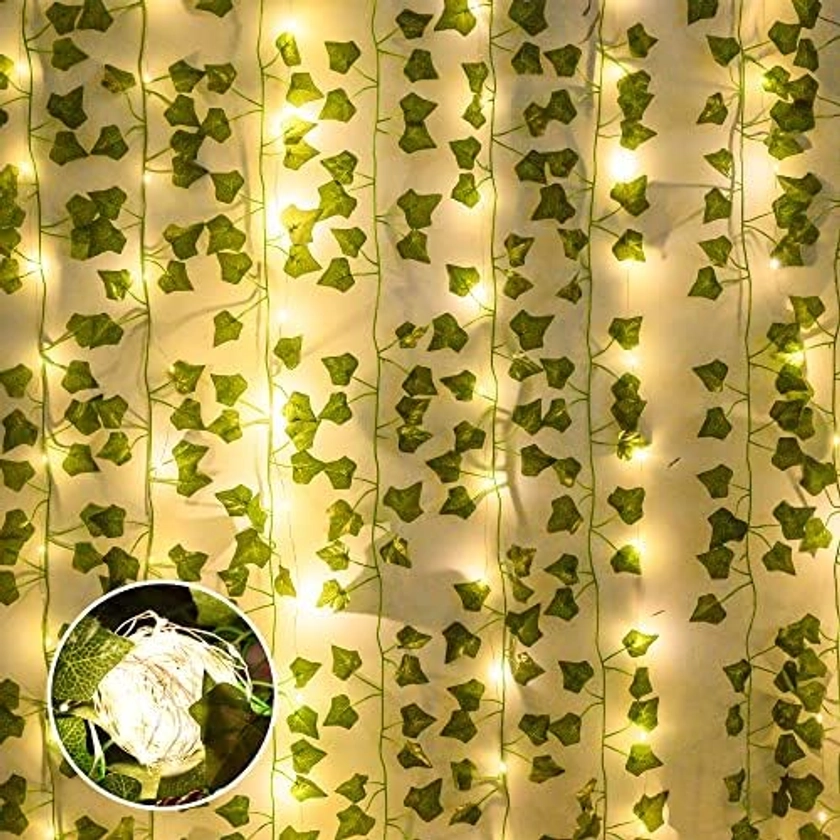 PudCraft Fake Vines Fake Ivy Leaves Artificial Ivy, Ivy Garland Greenery Vines for Bedroom Decor Aesthetic Silk Ivy Vines for Room Wall Decor 12pcs 78.7FT Lvy + 32FT Led