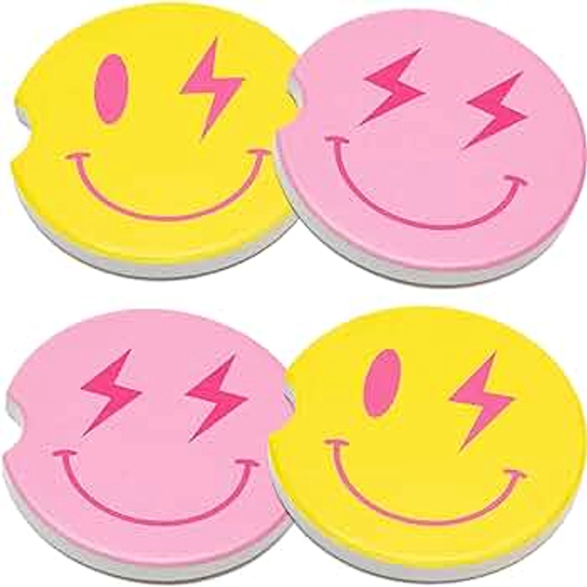 4Pcs Preppy Car Coasters with Finger Notch Aesthetic Lightning Bolt Face Shaped Absorbent Ceramics Heat Resistant Anti Slip Cork Base Car Drinks Coasters Auto Accessories for College Students