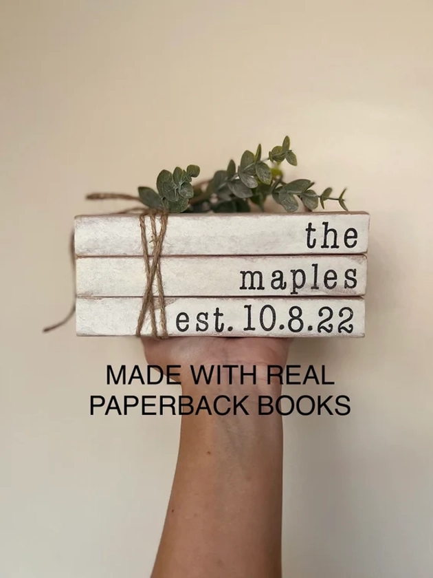 Established date books, last name stamped books, wedding gift, bridal shower gift, farmhouse bookstack, stamped stacked books, bookstack