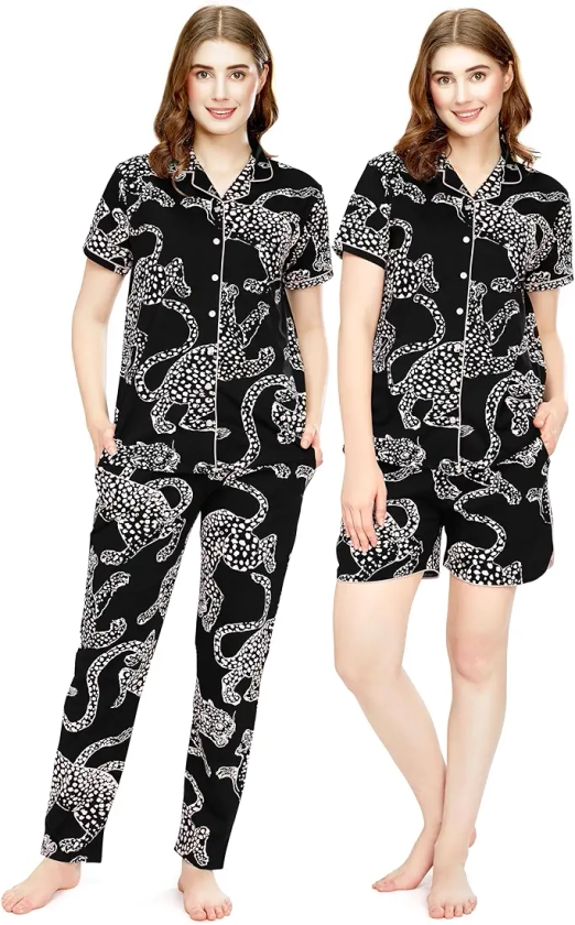 Buy ZEYO Night Suit for Women's Black Leopard Printed Cotton Night Dress of Shirt,Pajama & Short's 3Pc'S Set 5731 at Amazon.in