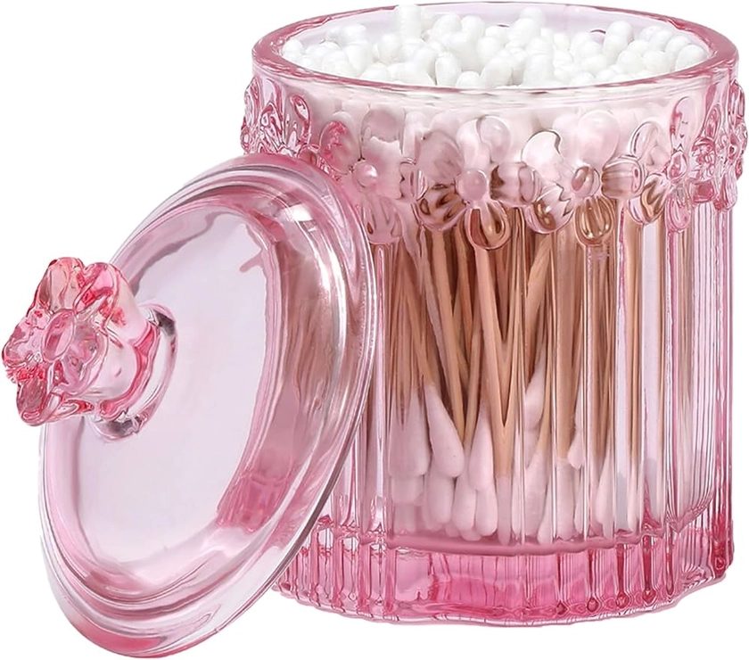 Amazon.com: rejomiik Qtip Holder Glass Apothecary Jars with Lids Set Bathroom Canisters Dispenser Organizers and Storage for Cotton Ball, Cotton Swab, Floss, Pink: Home & Kitchen