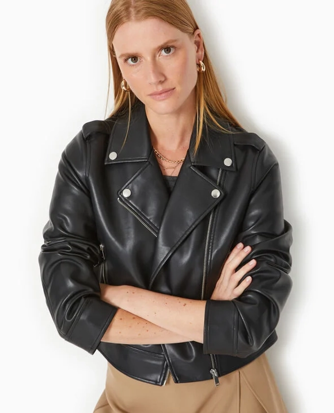 Blouson biker court en simili cuir - Noir