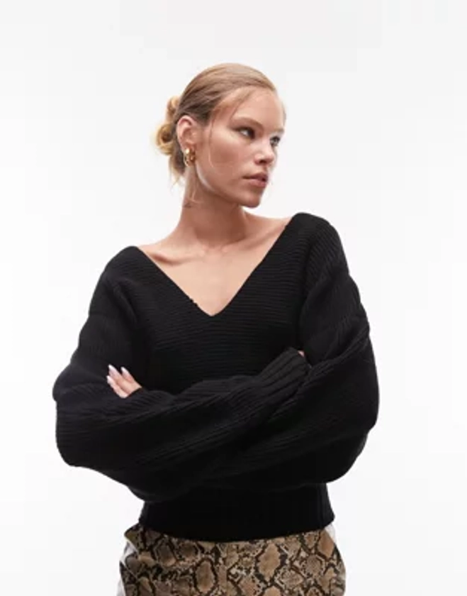 Topshop - Pull en maille côtelée à manches bouffantes - Noir | ASOS