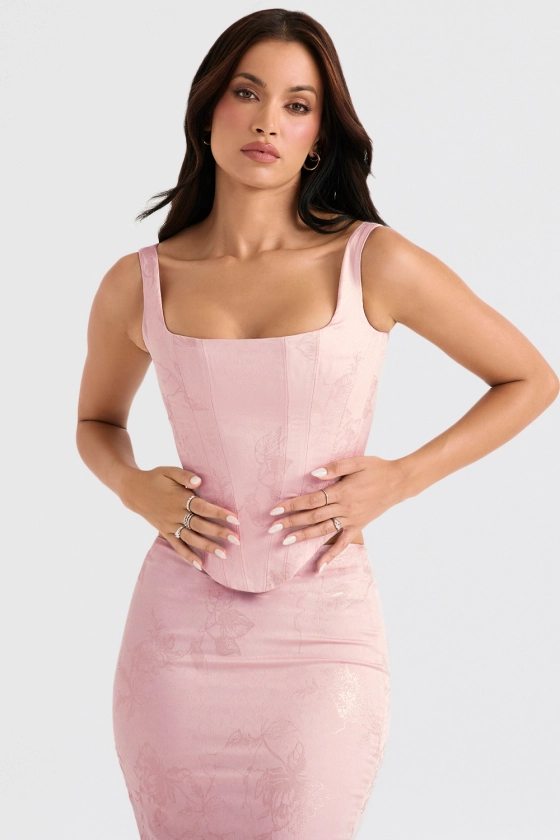 Clothing : Tops : 'Rafa' Pink Floral Satin Longline Corset 