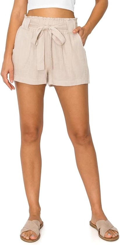 Cali1850 Women's Paperbag Linen Shorts - Oceanside Elastic Waist Self Tie Belt Paper Bag Beach Pants with Pockets