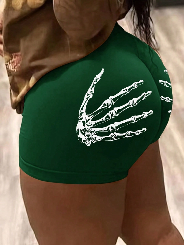 SHEIN Essnce Skeleton Hand Print Athletic Shorts