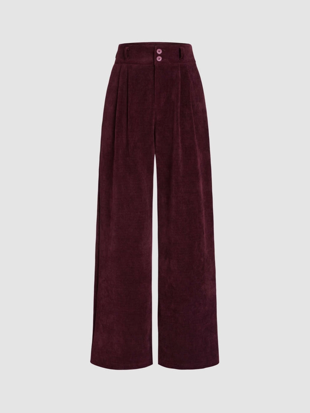 Corduroy High Waist Solid Pleated Wide Leg Trousers