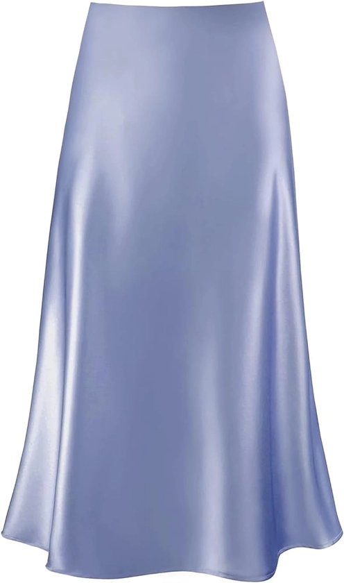 Women's Satin High Waist Hidden Elasticized Waistband Flared Casual A Line Midi Skirt