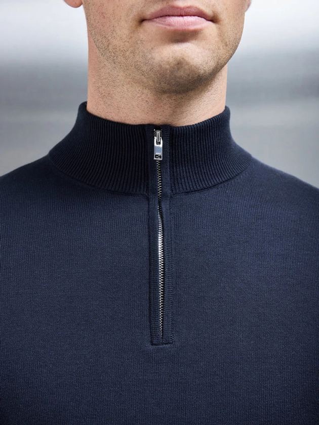 Cotton Knitted Half Zip Funnel Neck Jumper                      
                        -  Navy