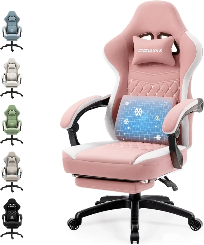 Dowinx Chaise Gaming Tissu avec Coussin à Ressorts ensachés, Fauteuil de Gamer Massage avec Repose-Pieds, Chaise Ergonomique pour PC Gamer Chaise de Bureau capacité de Charge 150 kg,Rose