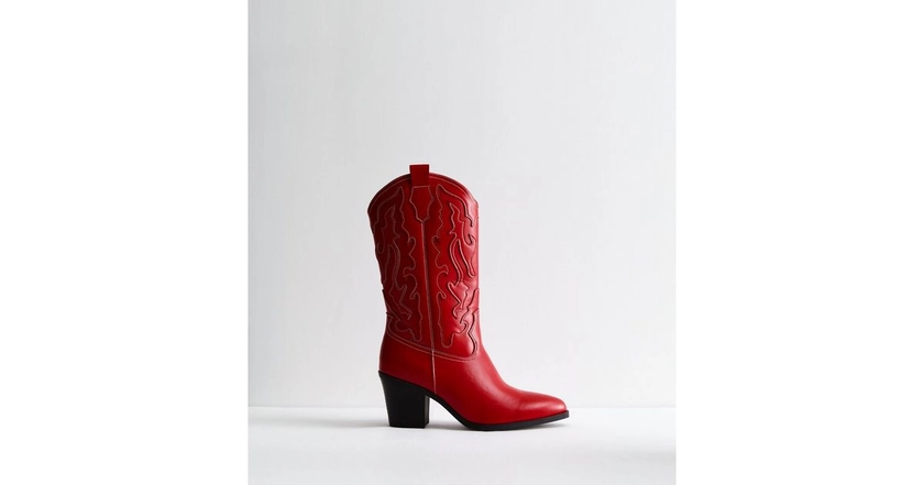 Red Leather-Look Cowboy Boots | New Look