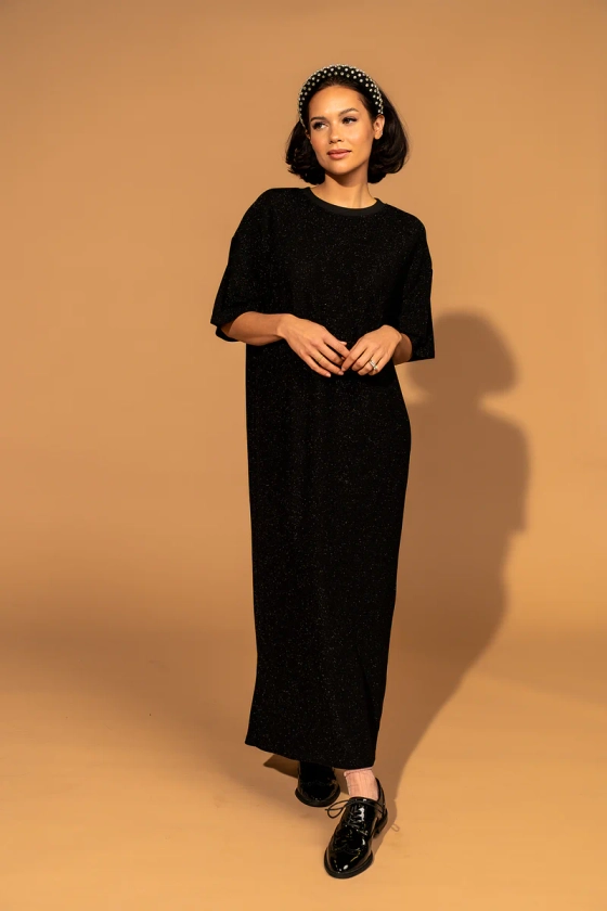 LALA ORIGINAL: Casual Luxe Dress in Black Disco Sparkle