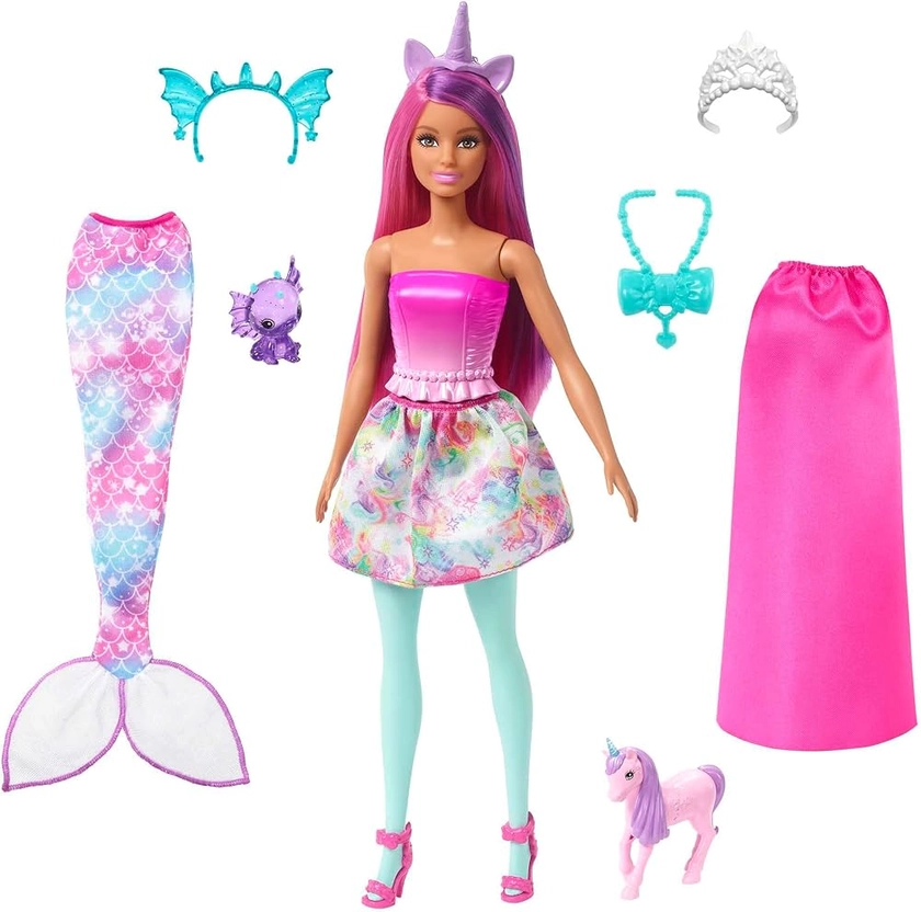 Barbie Coffret Poupée Il Était Une Fois Transformable en Sirène Ou Royal, Bébé Dragon Et Licorne, Vêtements Et Accessoires, Jouet Enfant, A Partir De 3 Ans, HLC28