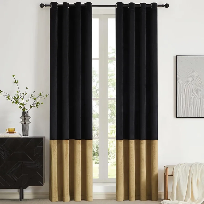Black Gold Color Block Window Curtains Panels 108 inches Long Velvet Farmhouse Drapes for Bedroom Living Room Darkening Treatment with Grommet Set of Black Gold