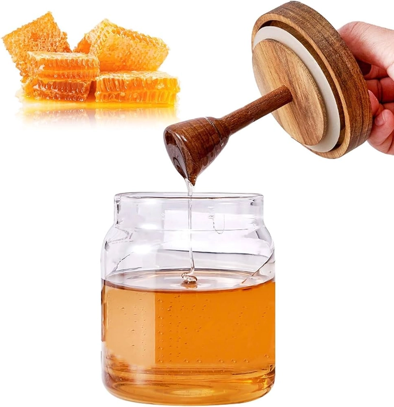 MLKLDOU Pot à miel en verre, 500 ml avec cuillère et couvercle en bois, pot de rangement transparent pour miel, pot à confiture, récipient à miel pour le stockage de la maison et de la cuisine