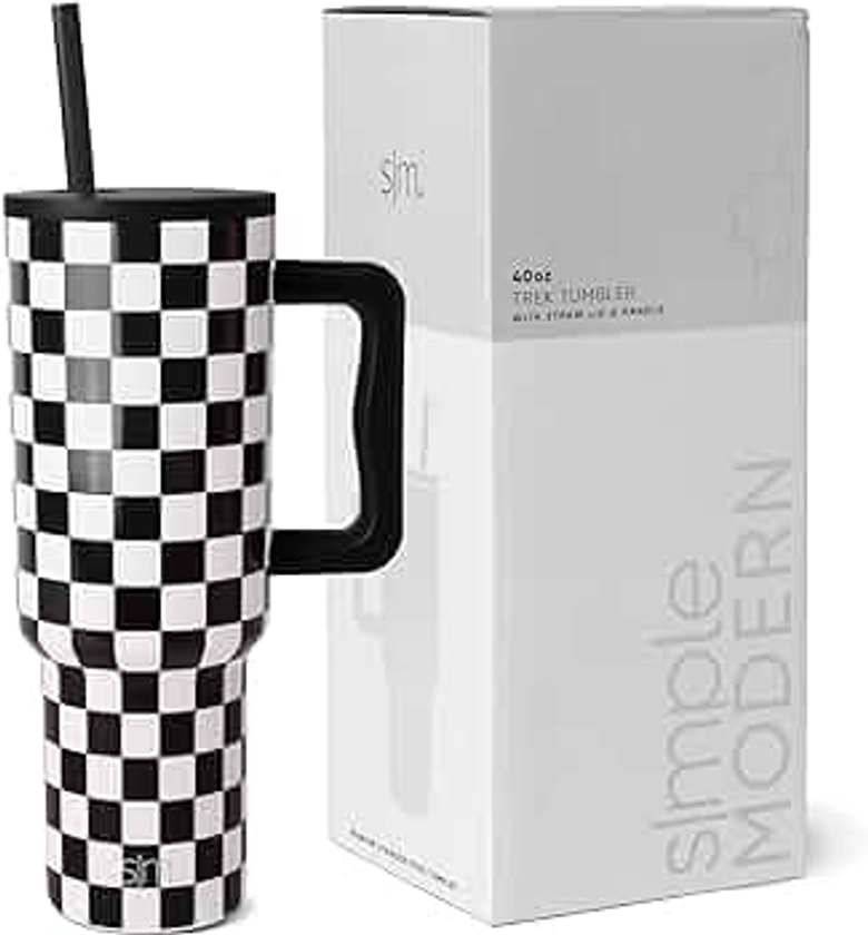 Simple Modern 40 oz Tumbler with Handle and Straw Lid | Insulated Reusable Stainless Steel Water Bottle Travel Mug Cupholder Friendly | Gift for Women Men | Trek Collection | Black and White Checkmate