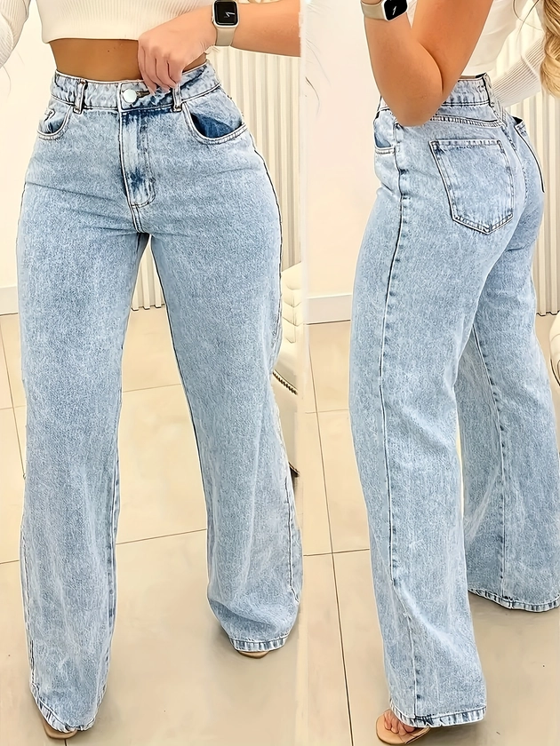 Plain Washed Blue High Jeans Loose Fit Pocket - Temu