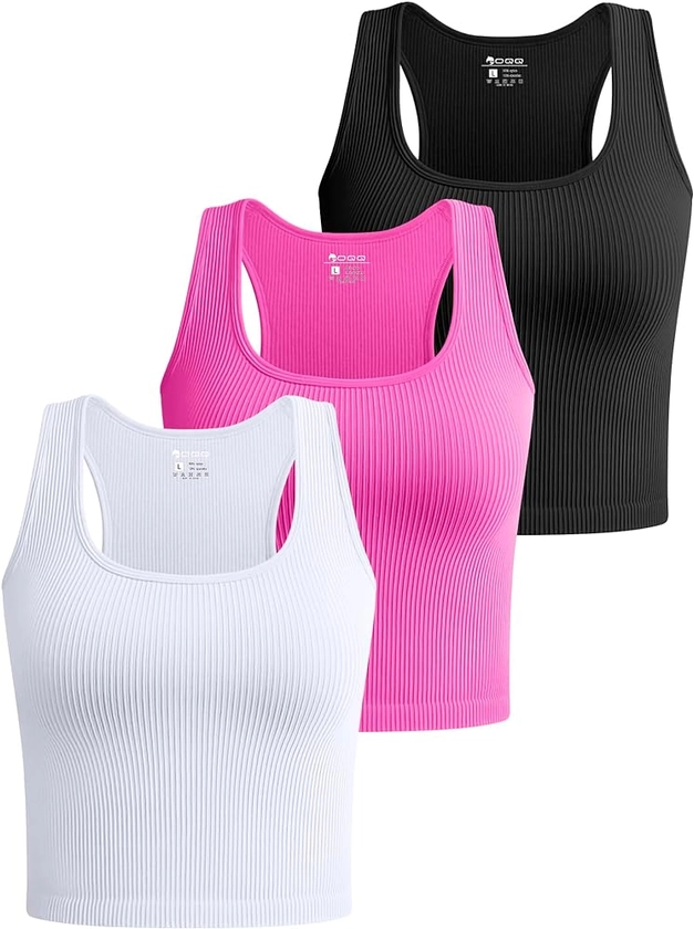OQQ Women's 3 Piece Crop Tank Tops Ribbed Seamless Workout Sleeveless Shirts Racerback Crop Tops