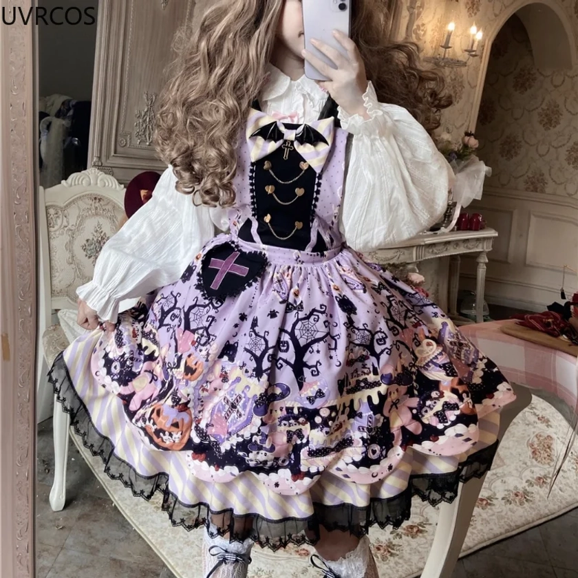 Vestido japonés victoriano Lolita Jsk para niña, disfraz de Halloween con orejas de gato, capa con capucha y Correa, vestido gótico para mujer, vestidos Kawaii de moda - AliExpress