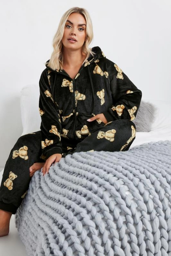 YOURS Plus Size Black Soft Touch Teddy Bear Onesie