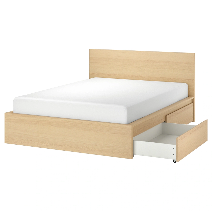 MALM High bed frame/2 storage boxes - white stained oak veneer/Luröy Queen