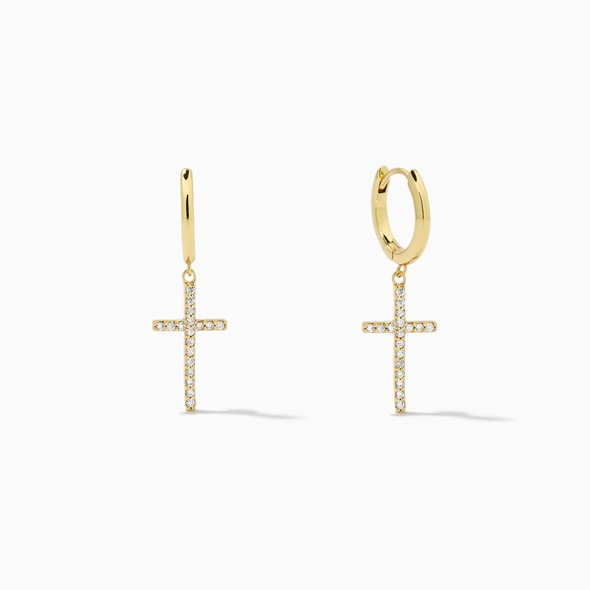 Pavé Cross Huggie Earrings in Gold | Uncommon James