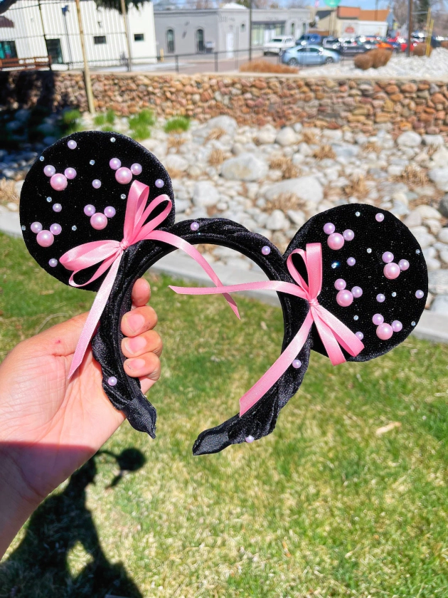 Pink Coquette Pearl Minnie Ears, Black Mickey Ears, Cute Minnie Ears, Minnie Mouse Ears, Mickey Ears, Pink Minnie Ears, Velvet Mickey Ears, - Etsy