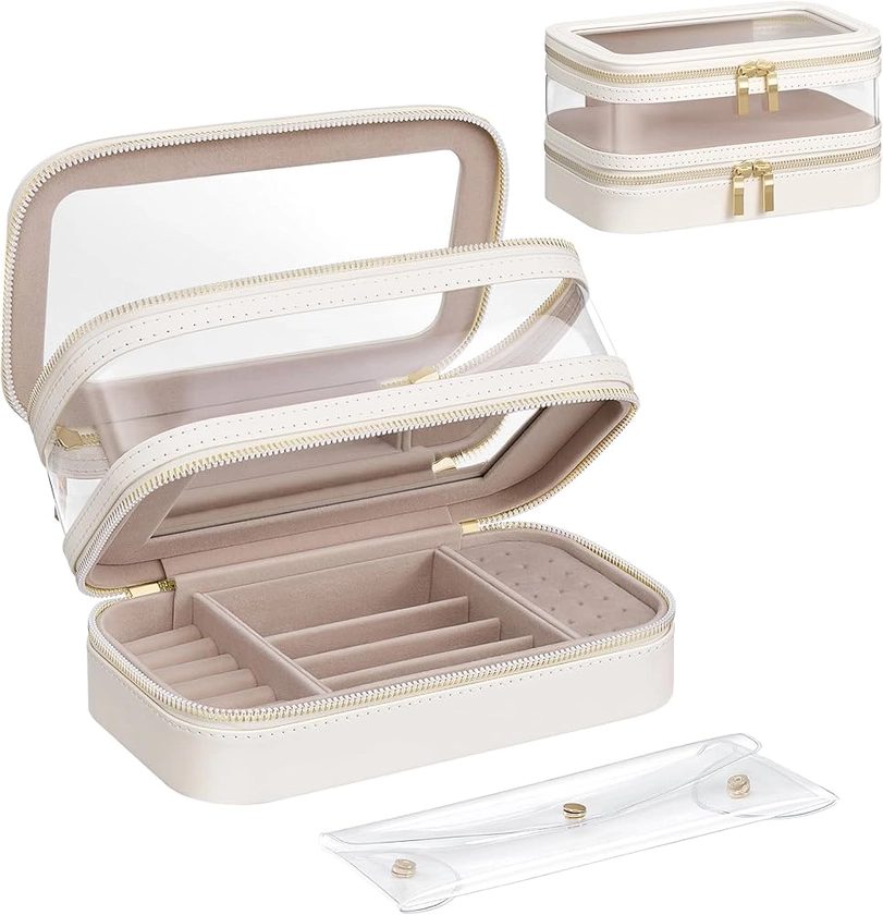 SONGMICS Jewellery Box, with Makeup Bag, Travel Jewellery Organiser, Portable Jewellery Case with Separate Brush Bag Pouch, Transparent Window, Mirror, 22 x 12 x 12 cm, Cloud White JKA026W01 : Amazon.co.uk: Fashion