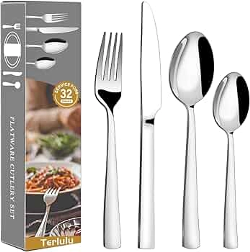 Cutlery Set, Terlulu 32 Piece Stainless Steel Flatware Set, Tableware Silverware Set with Spoon Knife and Fork Set, Mirror Polished, Dishwasher Safe - Service for 8