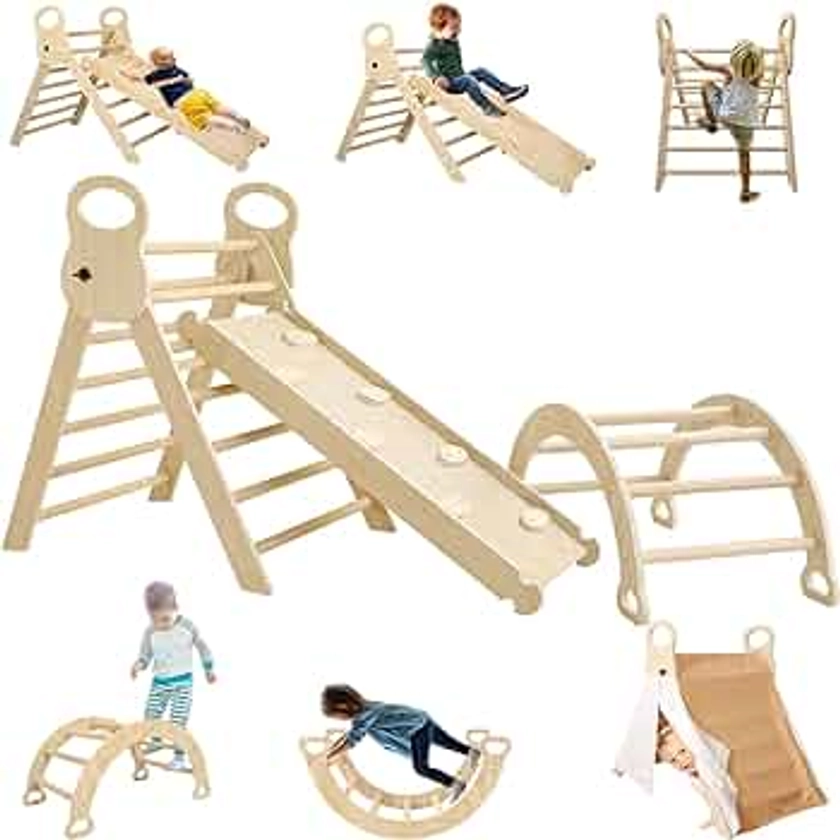 7 in 1 Pikler Triangle Set, Foldable Toddler Climbing Toys with Sliding Ramp & Climbing Arch Ramp, Wooden Montessori Climbing Set with Tent, Indoor Playground Jungle Gym for Kids Age 2-6 Years