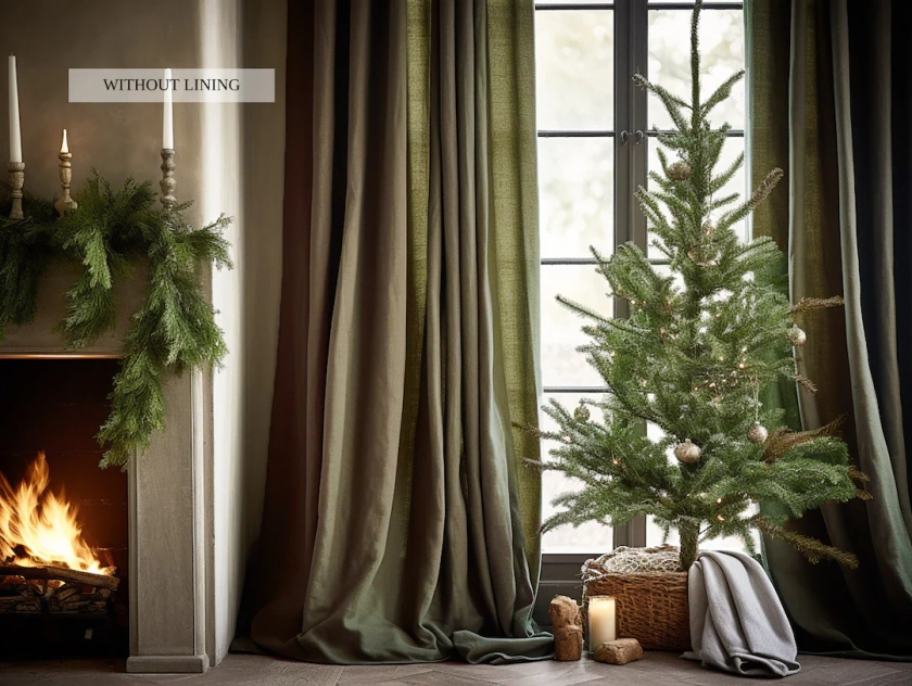 Christmas Dark Olive Regular and Blackout Linen Curtains 2 Panels Unlined Cotton Blackout Lining Medium Weight Linen Custom Size - Etsy Japan