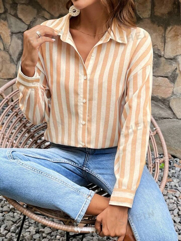SHEIN Frenchy Excellent Fashionable Front Button Leisure Stripe Short Sleeve Blouse, Summer Vacation Season, Comfy, Boho, Trending, Frenchies, Elegant, Leisure, Simple Daily, Solid Color, Holidayleisure, Modest, Bachelorette, Suitable For Vacation | SHEIN USA