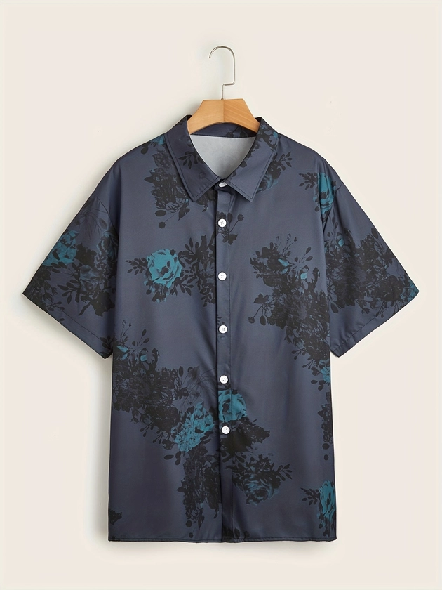 Plus Size Men&#39;s Mature Floral Graphic Print Shirt, Casual Fashion Short Sleeve Shirt With Buttons For Summer