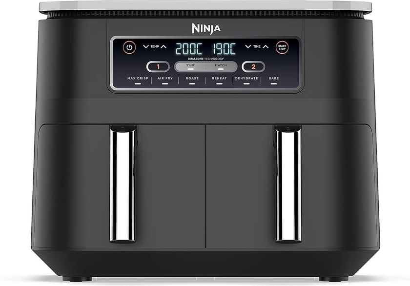 NINJA Foodi Dual Zone Airfryer Digital, 2 Tiroirs, 7,6L, 6-en-1, Sans huile, Air Fry, Max Crips, Rôtir, Cuire, Réchauffer, Déshydrater, Antiadhésif, Paniers lavables au lave-vaisselle, Noir AF300EU