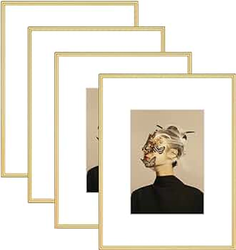 11x14 Picture Frame Set of 4, Matted Gold Simple Modern Brushed Thin Aluminum Metal Photo Frame Fits 8x10 with Mat or 11 x 14 without Mat Vertical and Horizontal for Tabletop and Wall Mounting