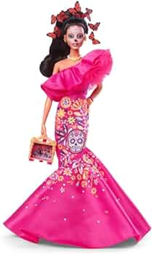 Barbie Signature Dia de Muertos 2023 da Collezione, Abito Rosa con Volant, Teschi di Zucchero e Fiori Colorati, Decorazione Calavera sul Volto, Giocattolo per Bambini, 6+ Anni, HJX14