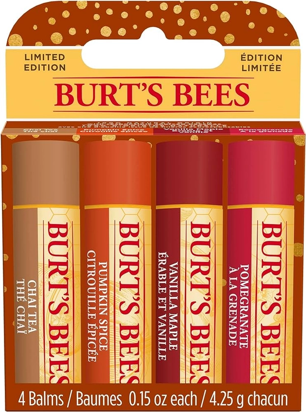 Burt’s Bees Lip Balm Gift Set, Chai Tea, Pumpkin Spice, Vanilla Maple, Pomegranate, Lip Balm Multipack, 4x4.25g, Packaging May Vary