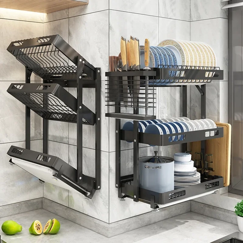 Dish Drying Rack Wall Mounted Hanging Dish Drainer Organizer Storage Shelf with Drainboard Chopsticks Knife Holder for Kitchen