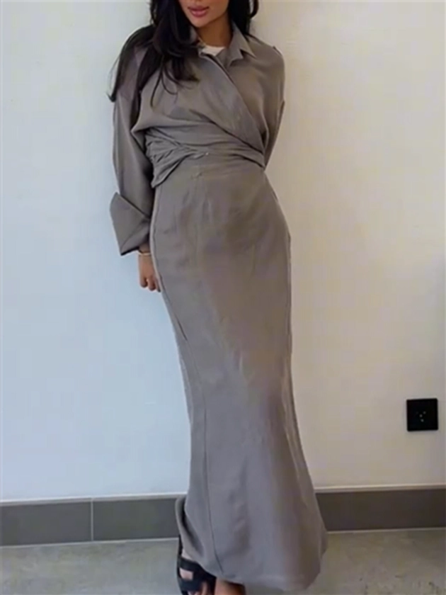 Linen and cotton suit (shirt + skirt) - gray