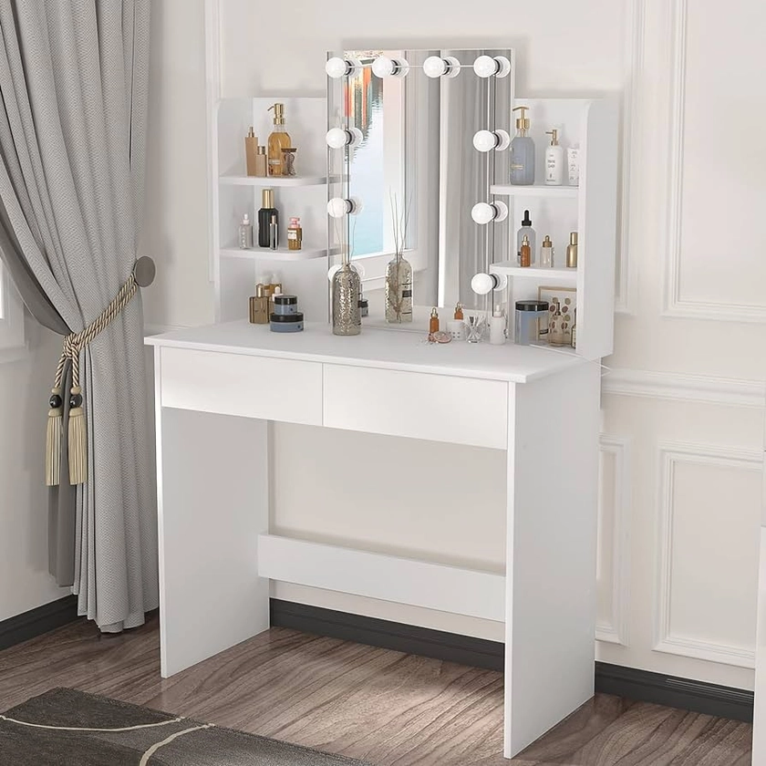 WOLTU Dressing Table with LED Lights, Vanity Table with Adjustable Brightness Mirror, Makeup Desk with 2 Drawers and Open shelves, Wooden Modern Bedroom Dresser, 90x40x135cm, White, MB6096ws