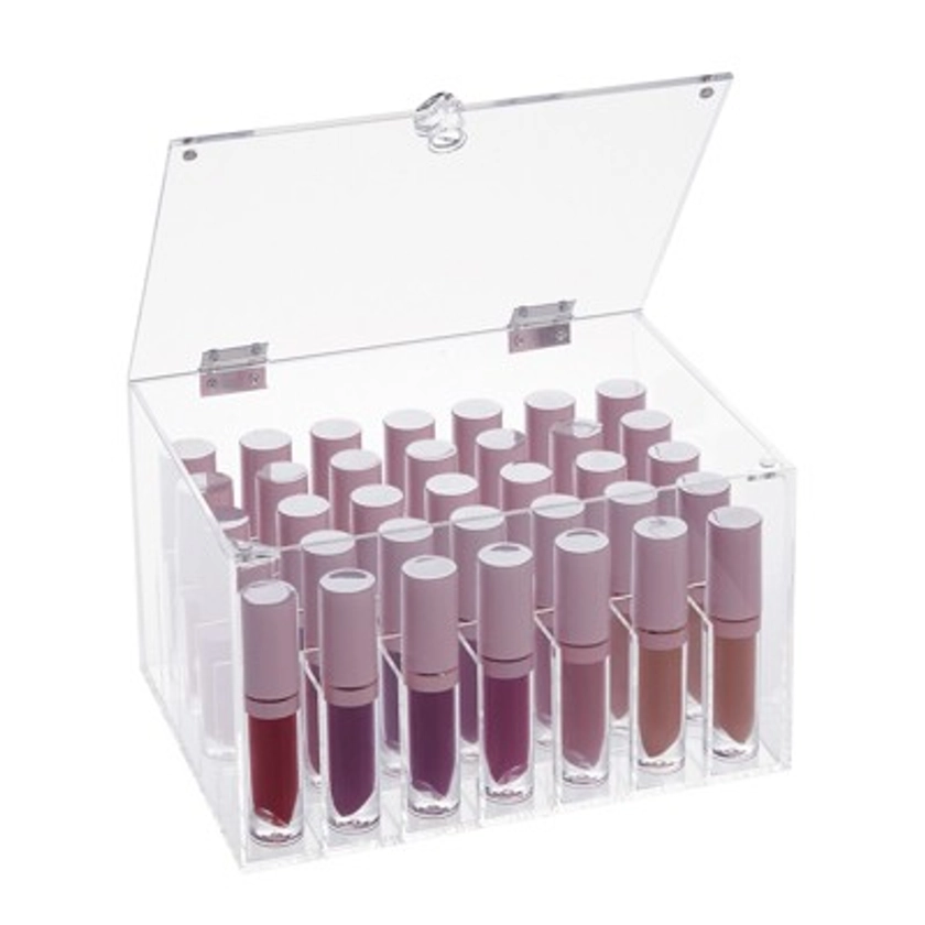Glamlily Large Acrylic Lipstick Organizer and Lip Gloss Holder with 35 Compartments and Lid, Clear, 7.8 x 5.8 x 4.4 in