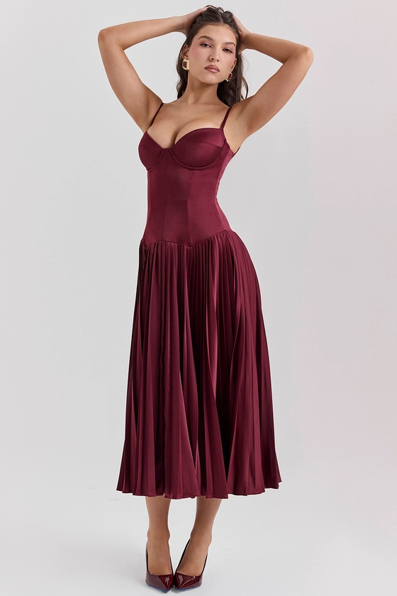 Clothing : Midi Dresses : 'Beau' Wine Pleated Maxi Dress