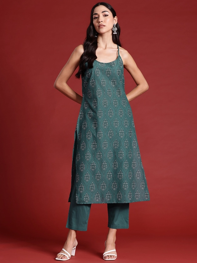 Anouk Ethnic Motifs Print Shoulder Straps Pure Cotton Kurta with Trousers