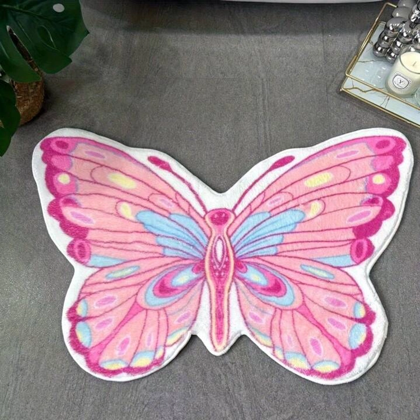 1pc Pink Butterfly Shaped Non-Slip Bathtub Rug - Soft & Durable& Absorbent Bathroom Floor Mat, Bathroom Accessories, Home Decor