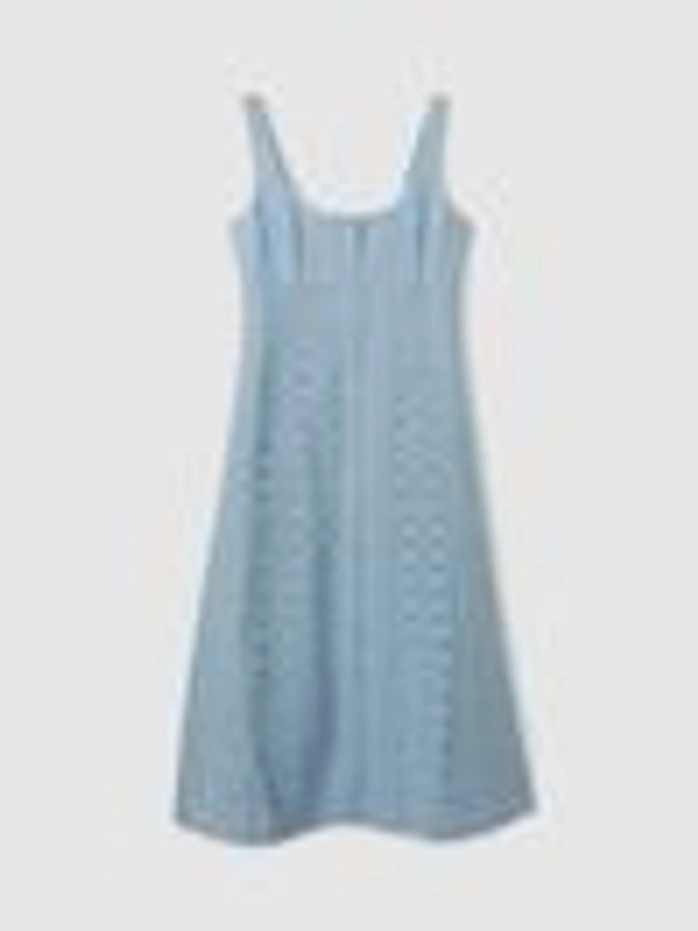 Linen Broderie Midi Dress in Blue