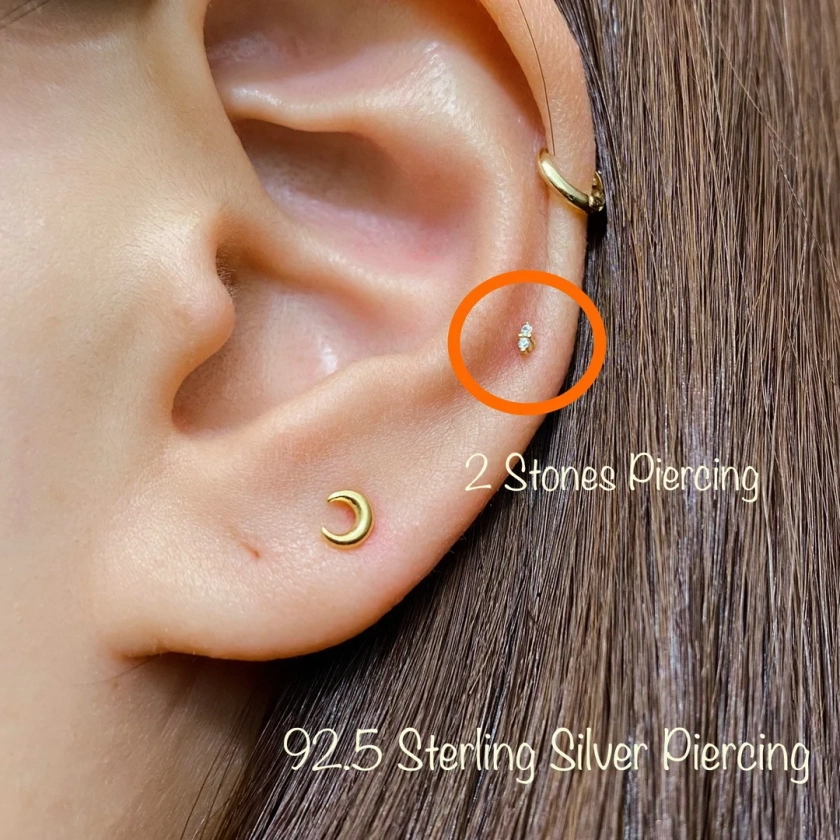 Teeny Tiny Duet CZ Piercing(Single), Two 1mm Micro CZ stones 925 Sterling Silver piercing, Cartilage, Helix