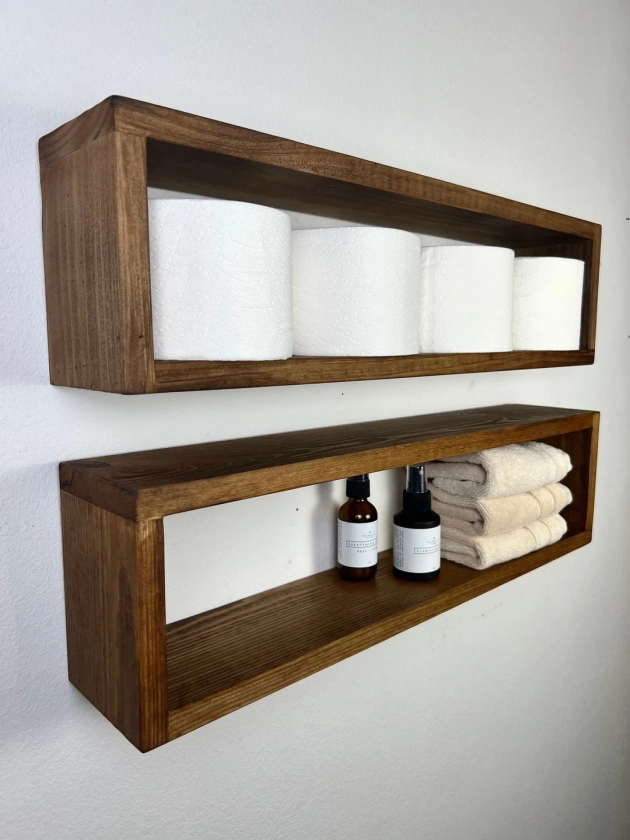 Etagère rectangulaire flottante | Étagère de salle de bain | Étagère en bois de qualité | Rangement de cuisine | Minimaliste | Moderne milieu du siècle | Porte-papier hygiénique