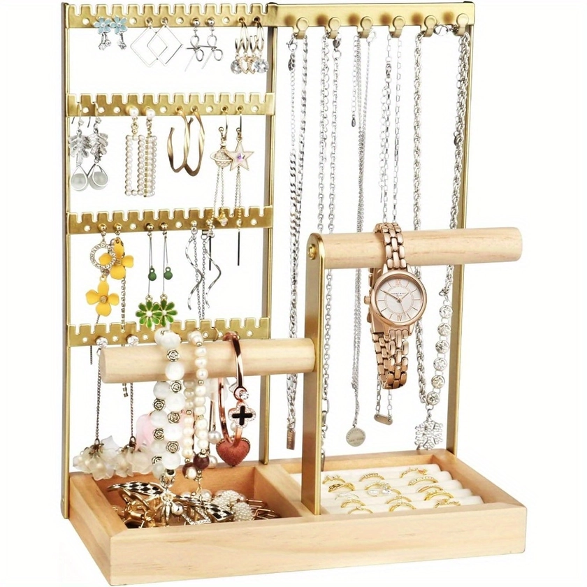 1pc Jewelry Organizer, 4-Tier Earring Holder Organizer With 48 Holes, 6 Hooks Necklace Organizer, Jewelry Stand With Ring And Bracelet Holder