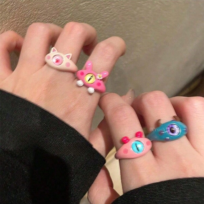 8Pcs/Set Cute And Playful Cat Cartoon Monster Enamel Rings, Featuring A Feminine Niche Design That Feels Sweet And Cool. My Best Friend's Index Finger Ring.