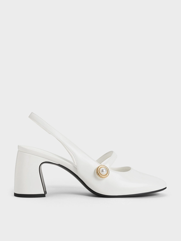 White Pearl-Accent Mary Jane Pumps | CHARLES & KEITH
